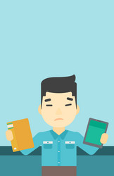 man choosing between book and tablet computer vector image