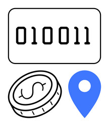binary code coin and location pin representing vector image