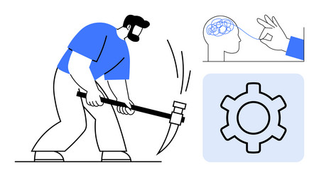 worker using pickaxe with gear symbol and brain vector image