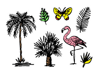 palm tree butterfly and tropical leaves flamingo Vector Image