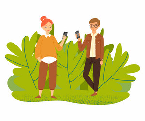 couple young people with smartphones gadgets Vector Image