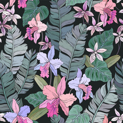 tropical orchid flowers and palm leaves pattern Vector Image