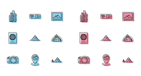 set line photo camera map pointer with mountain vector image