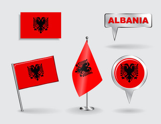 set of albanian pin icon and map pointer flags vector