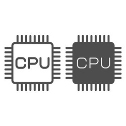 Processor chip line and solid icon computer vector