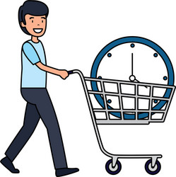 man with time clock in shopping cart vector image