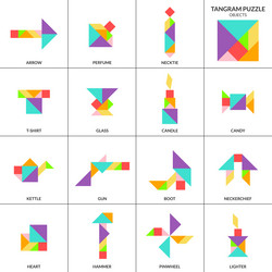 tangram puzzle set with various objects vector image