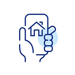 hand holding smartphone with home icon pixel vector