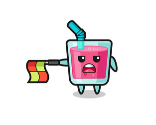 Strawberry juice character as line judge hold vector