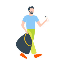 man collecting plastic into garbage bag in flat vector image