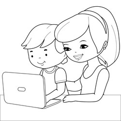 mother and son on the computer vector