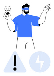 man in vr headset holding lightbulb and pointing vector image