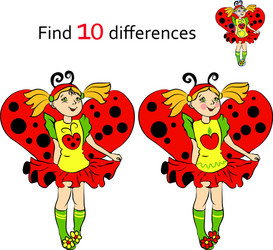 Find 10 differences girl in costume ladybug vector