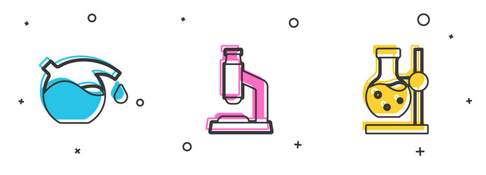 set test tube microscope and flask on stand icon vector image