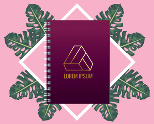 notebook with triangle emblem mockup leafs vector image