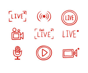 set hand drawn live streaming doodle icons video vector