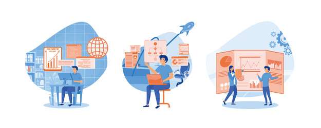 man working with big data and databases using vector image