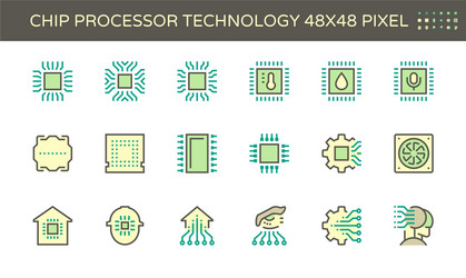 Computer chip processor and technology icon set vector