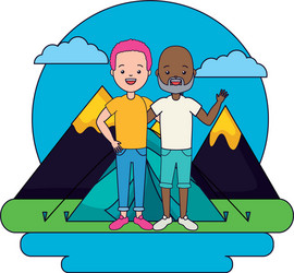 Two men camping tent mountains landscape Vector Image
