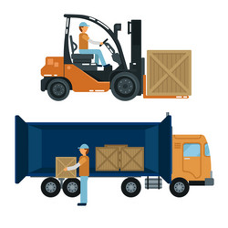 forklift with driver worker loading containers vector