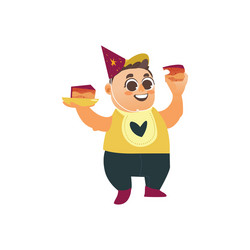 flat boy kid holding piece of cake vector