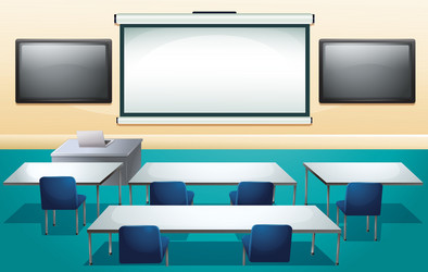 classroom with screens and tables vector