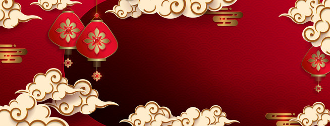 red design with asian pattern lanterns and clouds vector image