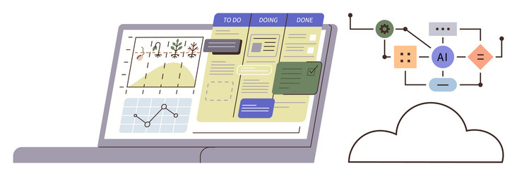 workflow management on laptop with task board and vector image