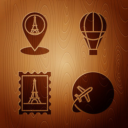 set globe with flying plane map pointer vector image