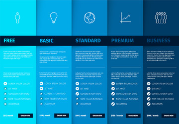 Products versions feature and price list table vector