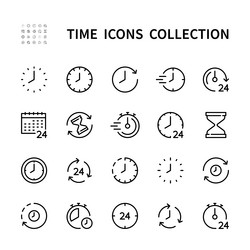 Time and clock linear icons set isolated vector