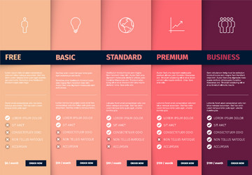 products versions feature and price list table vector image