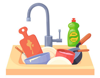 Dirty dishes in sink cartoon messy kitchen wash vector