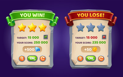 game menu you win and lose ui panel with buttons vector image