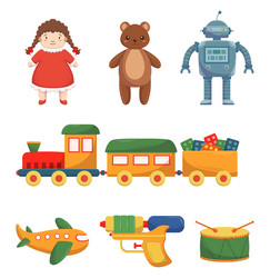 Set of kids toys doll teddy bear robot and train vector