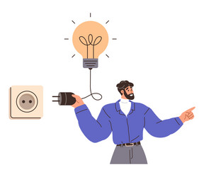 man connecting plug to socket with glowing light vector image