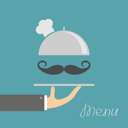 Hand holding silver platter cloche with chefs hat vector