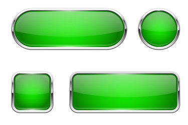 Web buttons green shiny icons with chrome frame vector