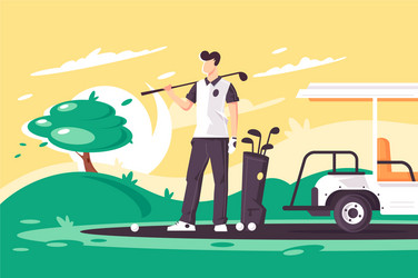 Flat young man with golf club car on green field vector