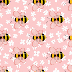 Seamless pattern with bees and flowers on color vector