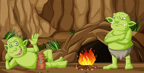 Goblins or trolls with cave house and camp fire vector