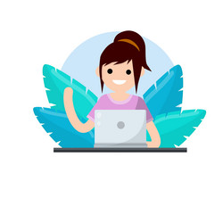 Woman sit at table with laptop vector