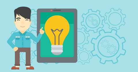 man pointing at big tablet computer vector image