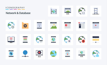 25 network and database flat color icon pack vector image