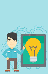 man pointing at big tablet computer vector image