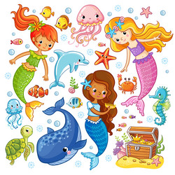 Mermaids and Sea Creatures Vector Image