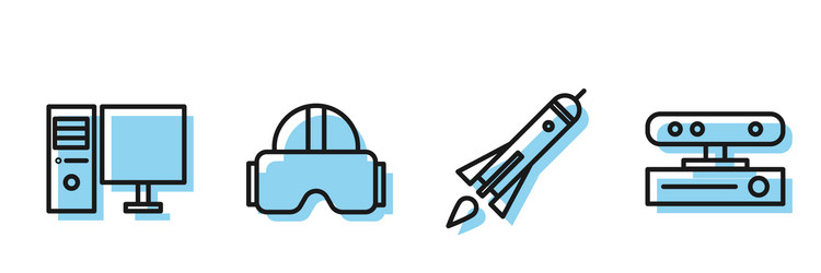 set line rocket ship with fire computer monitor vector image