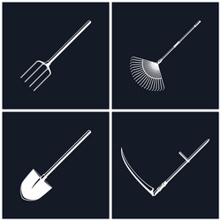 set of agricultural tools on black background vector