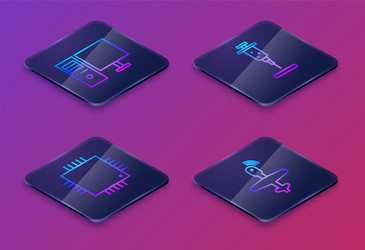 set isometric line computer monitor processor vector image