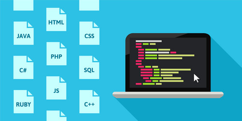 programming languages concept with laptop and code vector image